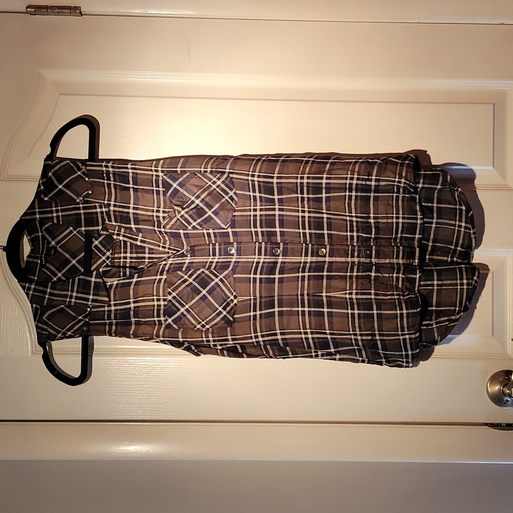 Rock And Republic Green/Black Checked Sleeveless Button Down Shirt Size Small
